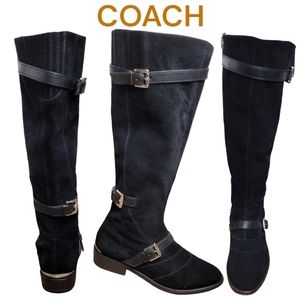 Coach Women's Lawrencia Tall black suede leather Riding Boots silver buckles 5.5